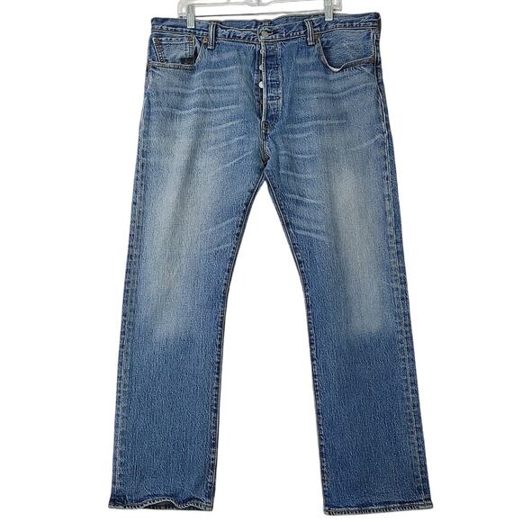 Levi's 501 Mens Blue Denim Button Fly Straight Leg Jeans, Size 38X30, PRE-OWNED - Picture 1 of 11